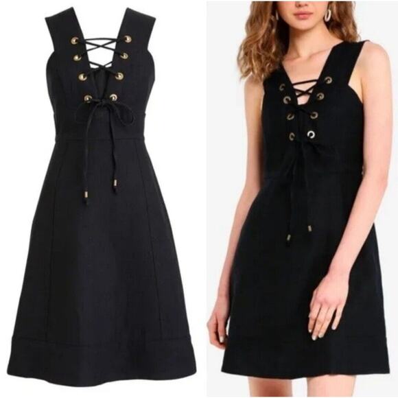 J.Crew J. Crew Lace-up Front Structured Linen Mini Dress Black Size 14 - Picture 1 of 8